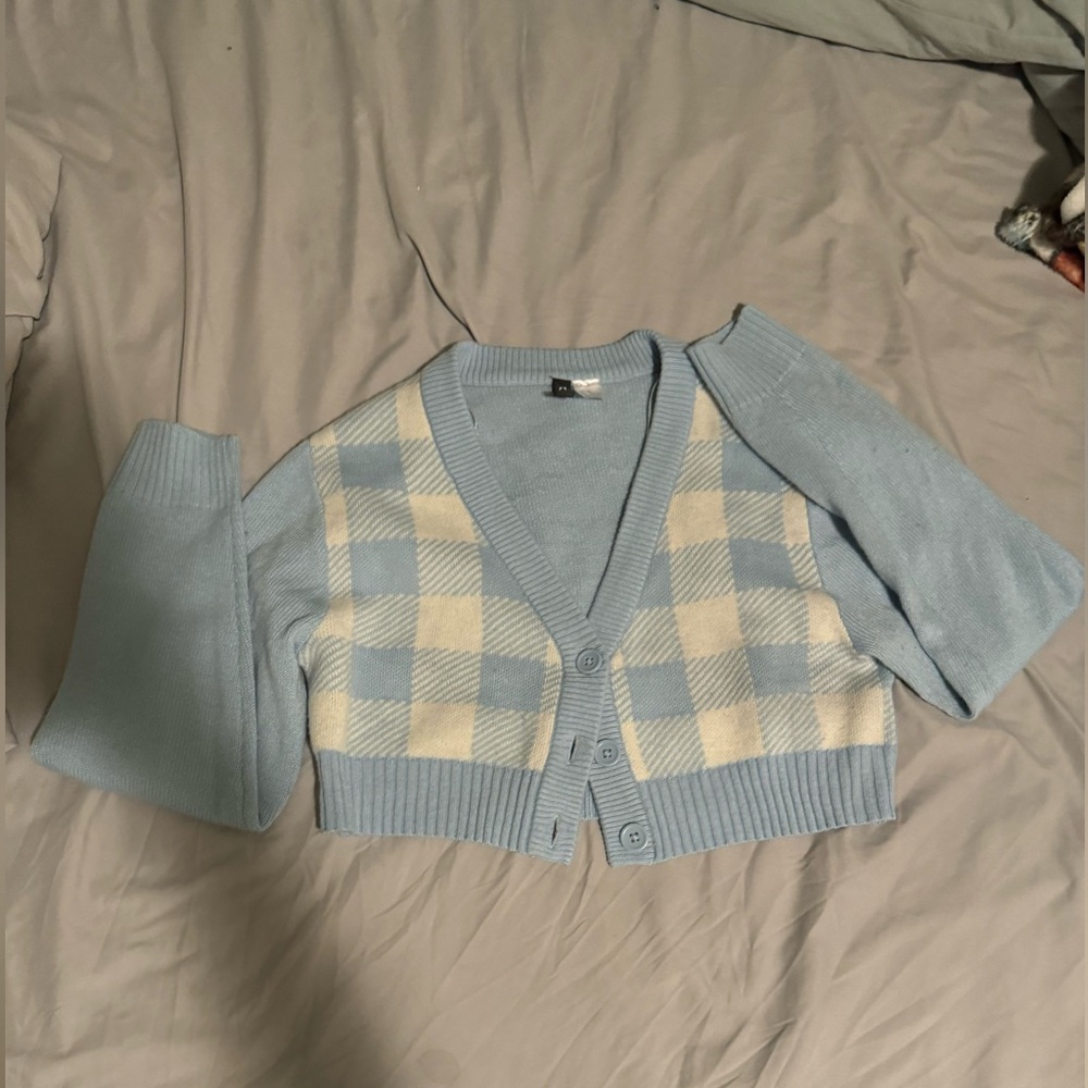 Blue and white checkered sweater